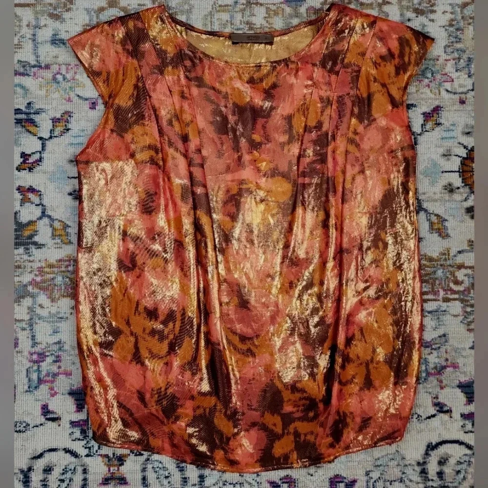 ETRO Womens Metallic Iridescent Golden Cap Sleeve Italian Lightweight Blouse Sm - Picture 5 of 12